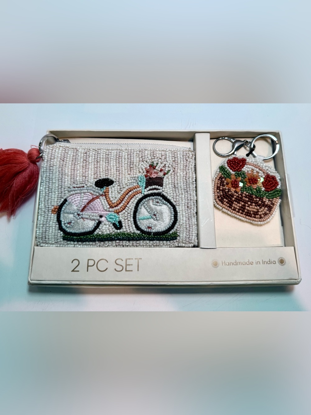 * Handmade Beaded Bicycle Zippered Pouch and Keychain Set - White